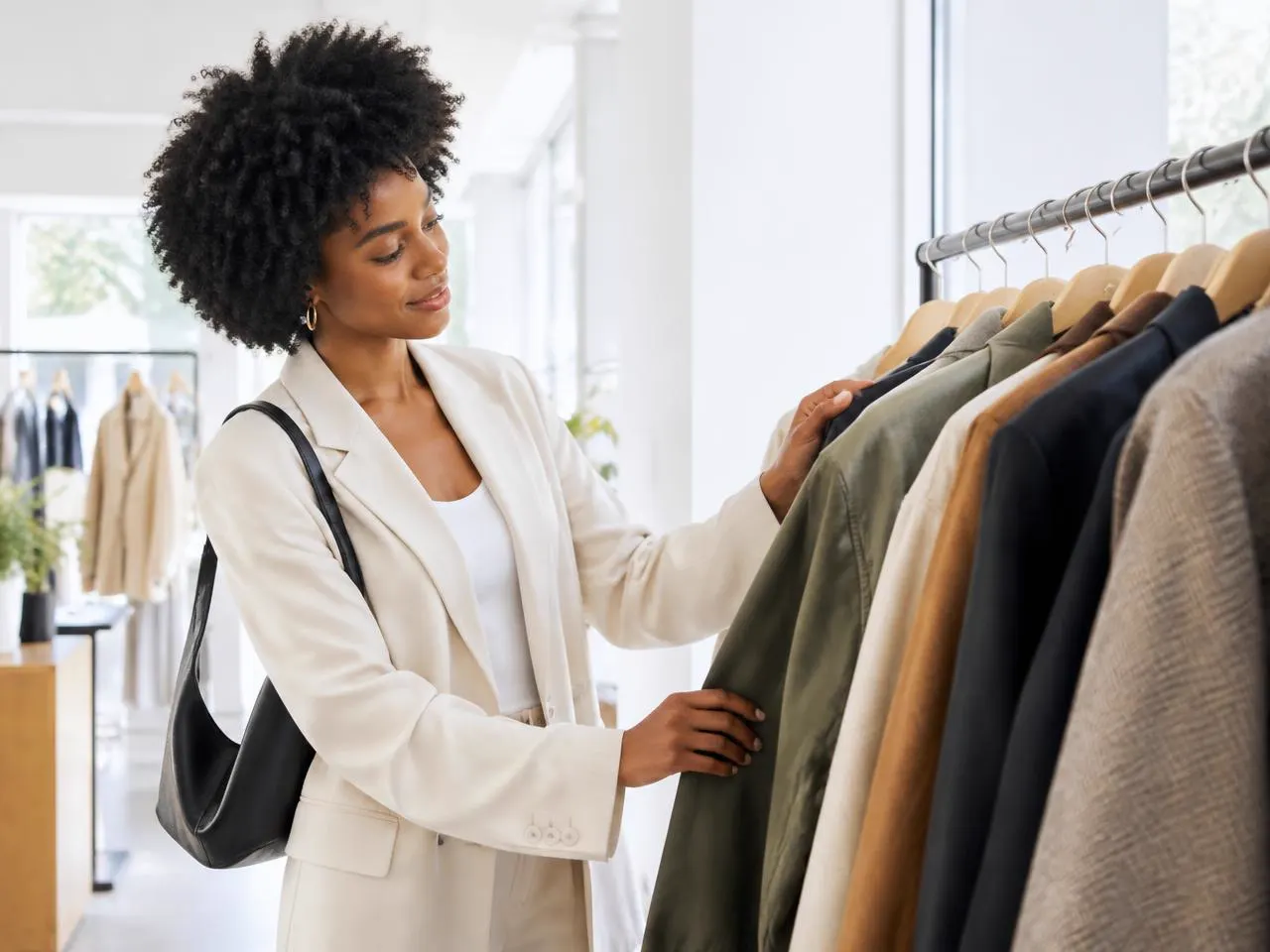 Guest confidently choosing a jacket from a curated rack