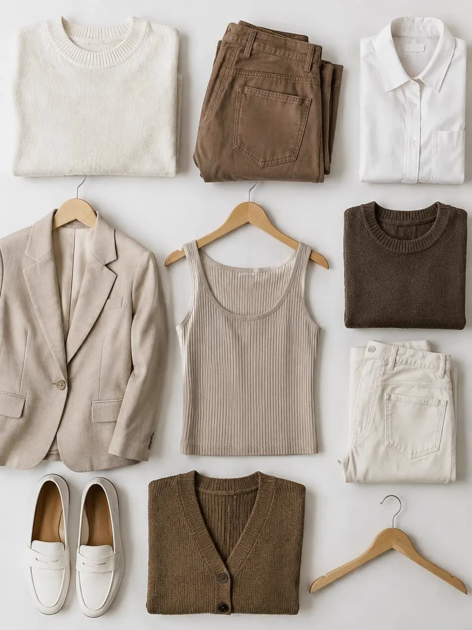 Neatly folded clothes and pieces on wooden hangers